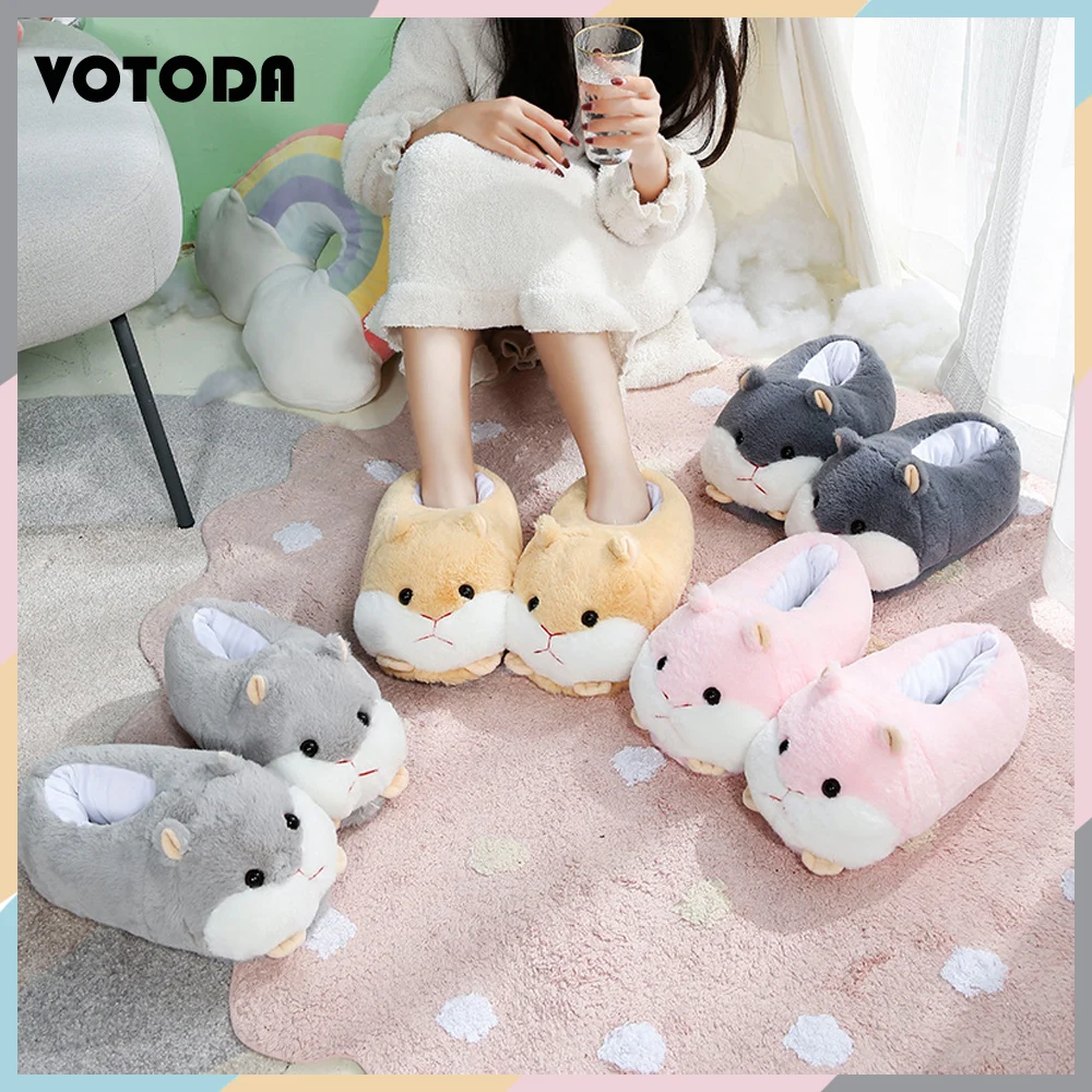 

Women Furry Cotton Slides Warm Indoor Slippers winter House Floor Slippers Cute Hamster Plush flip flops Cartoon animal shoes