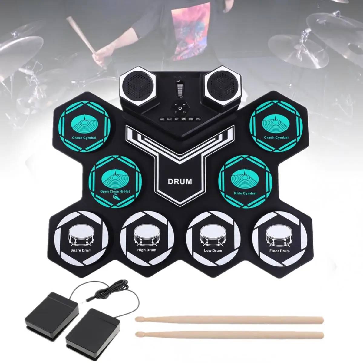 Roll Up Electronic Drum Set 8 Silicon Pads Built-in Speakers MIDI Support Bluetooth-compatible