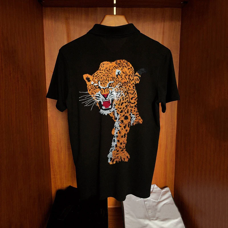

Summer New Arrival T-Shirt Men's Casual Cotton Short Sleeve Hot Diamond Leopard Style Polo Business Sports Oversized