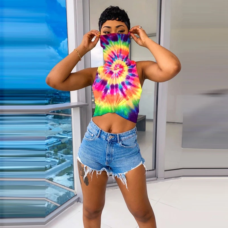 

Женская футболка с принтом на завязках, короткая футболка без рукавов с маской, цветная Пляжная футболка для клувечерние, лето 2020