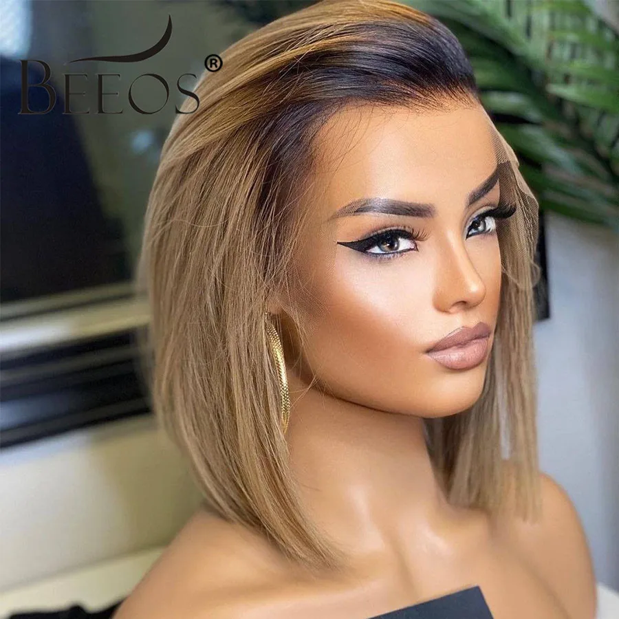 BEEOS Ash Blonde 13x4 HD Lace Front Human Hair Wigs Skinlike Straight Short Bob Wig For Women Pre plucked 5x5 HD Closure Wig