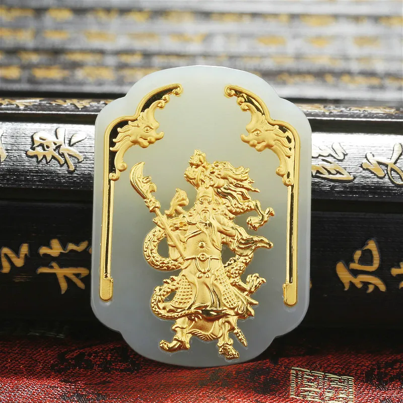 

Natural Chinese Hetian White Jade Mosaic Gold Pendant Guan Yu Beautiful Jewellery Necklace Carved Fashion for Men Amulet Gifts