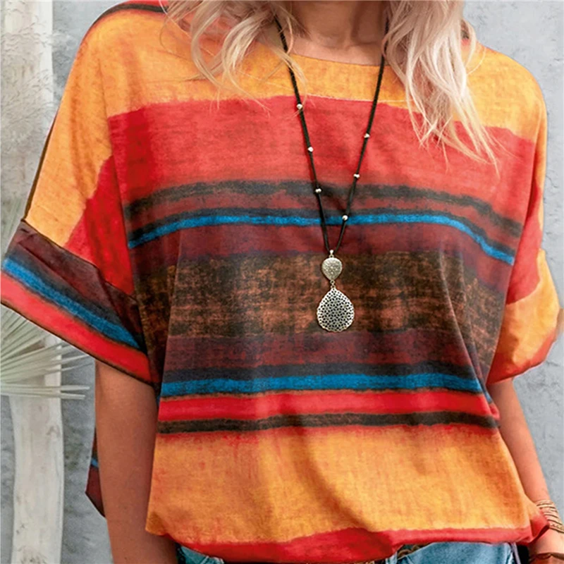

2021 The New Women's Clothing Summer Europe And America Gradient Color Contrast Women's Short Sleeve Blouse Women