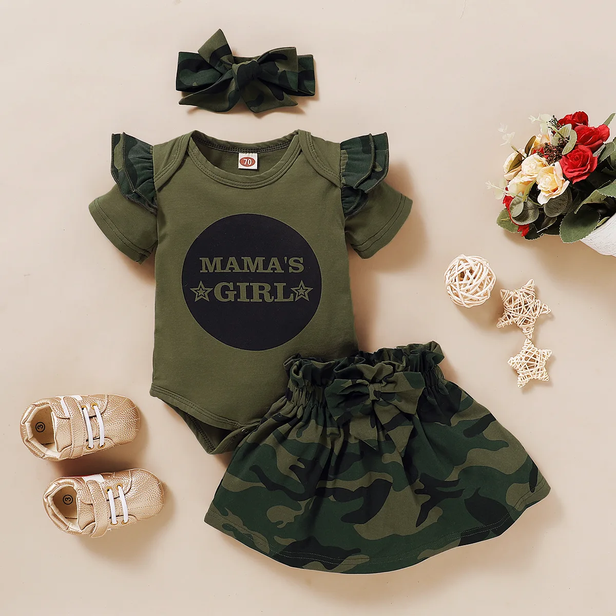

3Pcs Camouflage Infant Girls Outfit Set Newborn Kids Romper Jumpsuit Toddler Children Pants Bowknot Belt Hair Band Baby Clothing