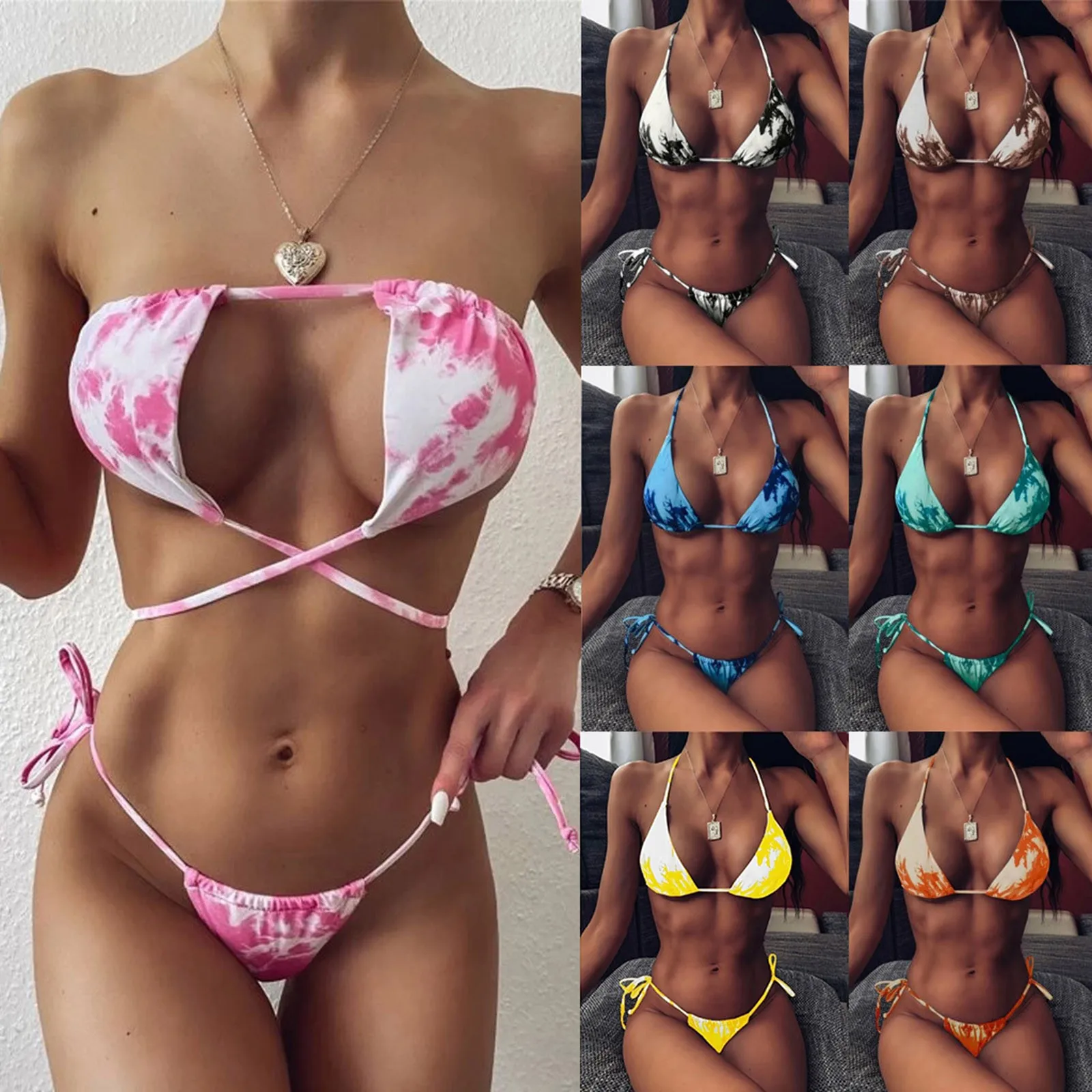 

Low Waist Bikini Female Two Pieces Swimsuit Women Print 2 Piece Lace Up Sexy Bathing Bikini Set String 2022 Tie-dye Swimwear