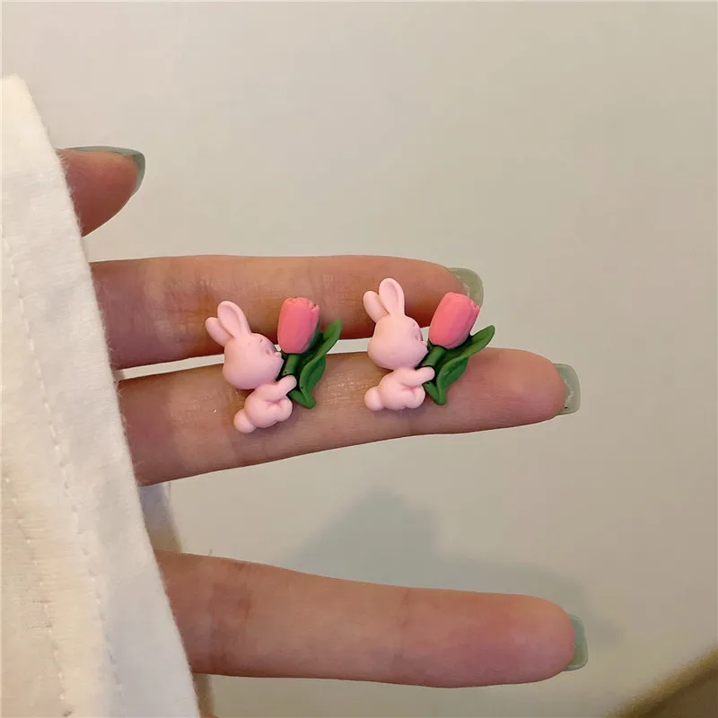 

Pink bunny ear stud INS sweet and lovely earrings without earhole ear clip