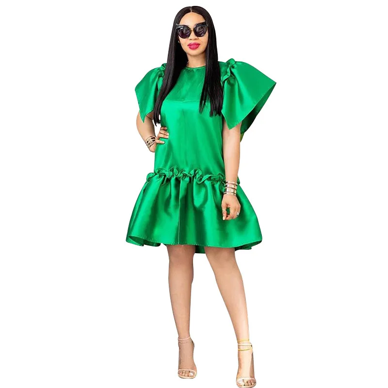 

Charming Solid Women Ruffles Dresses 2021 Spring Short Butterfly Sleeves Round Neck Casual Pullover Mini Dress Real Picture