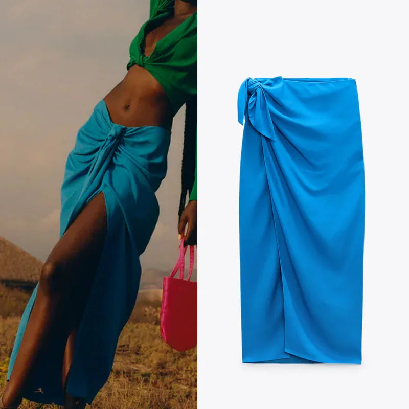 

ZA 2021 Blue Wrapped Midi Female Dress Vintage High Waist Summer Sarong Skirt Fashion Side Knotted Slit Ruched Woman Skirt Mujer