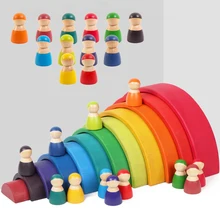 12pcs Baby Wooden Rainbow Friends Peg Dolls Toy Montessori Arch Pretend Play People Figures for Kids Wooden Toys Gifts Game