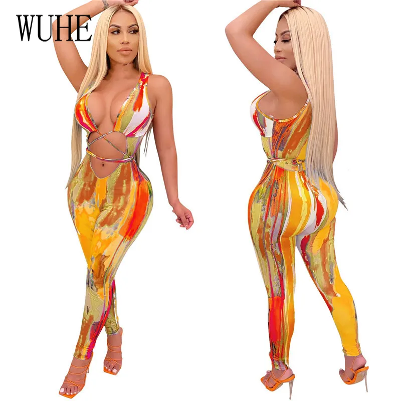 

WUHE Multi Print Sexy Deep V Neck Lace Up Jumpsuit Hollow Out Bodycon Night Club Party Rompers Bandage Women One Piece Outfits