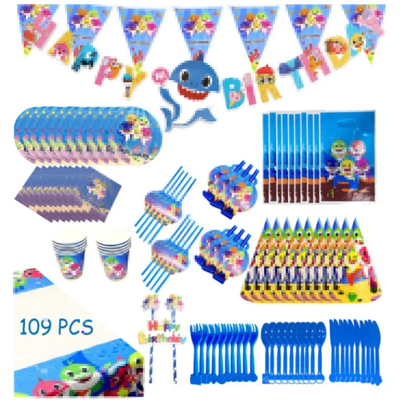 

Ocean Shark Theme Disposable Party Tableware Paper Cup Napkin Banner Balloon Birthday Decoration Baby Shower Supplies
