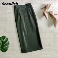 seoulish autumn winter pu faxu leather women mi long wrap skirts 2021 new high waist female sheath pencil back split sexy skirt