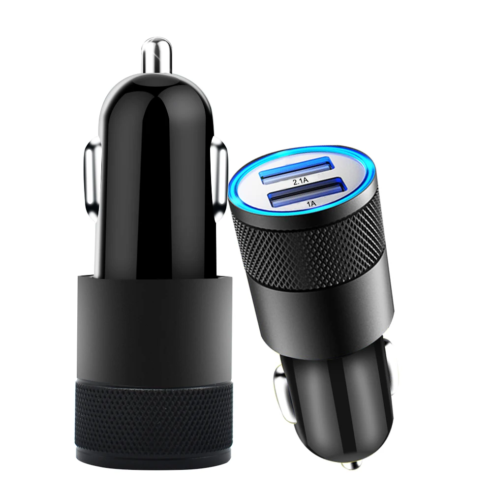 

Dual USB Car Charger 12V-24V 2.1A 1.0A Car Cigarette Lighter Black Color Aluminium 2-port Car Charger Adapter for Car Styling