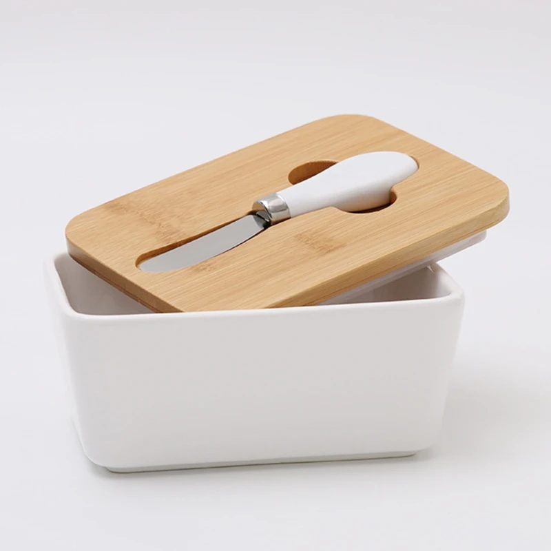 SFVEFVD Ceramic Butter Dish Tray Sealing Box with Wooden Lid Stainless Steel Cheese Knife Home Kitchen Storage Organization |