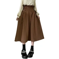 autumn korean fashion long skirts women elegant brown 2021 high waist vintage ruffle lace up pleated bandage midi flare skirt
