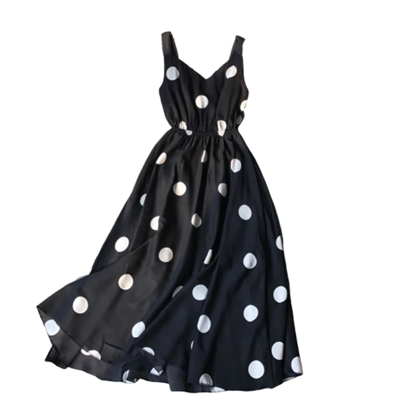 Платье женское длинное с принтом в горошек из шифона без рукавов открытой