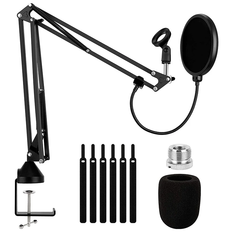 

Heavy Duty Microphone Arm Stand, Adjustable Suspension Boom Scissor Mic Stand with Dual Layered Mic Filter