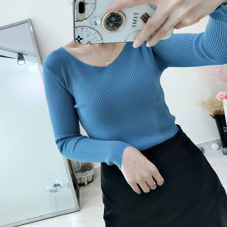 Женский Повседневный трикотажный базовый свитер в рубчик с V-образным вырезом и