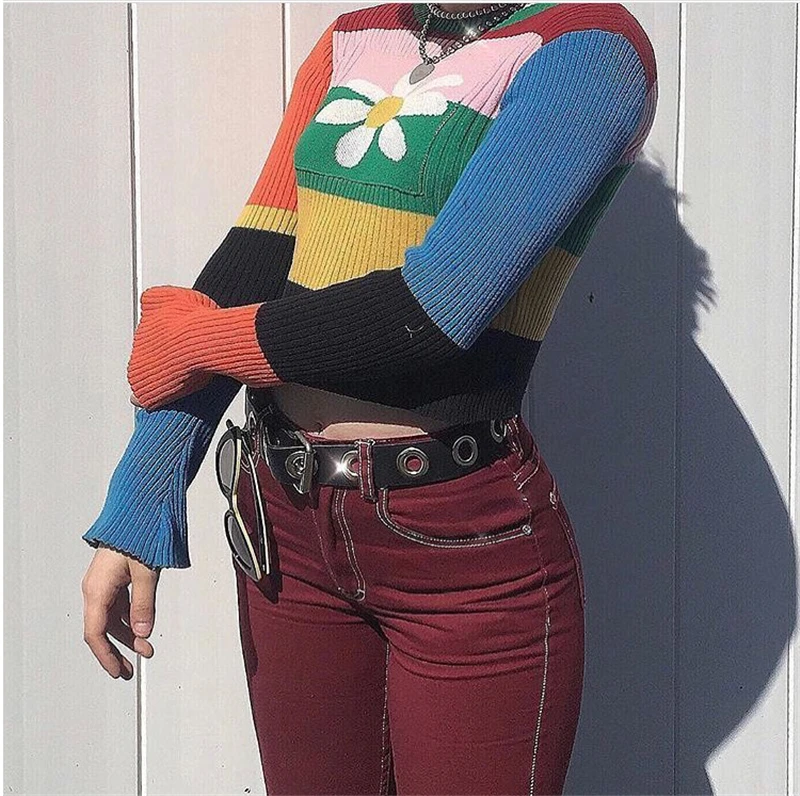 Womens Contrast Striped Crop Sweater Patched Flower Skinny-Fit Crew Neck Long Sleeve Pullover Knit Top Harajuku e-Girl / | Женская
