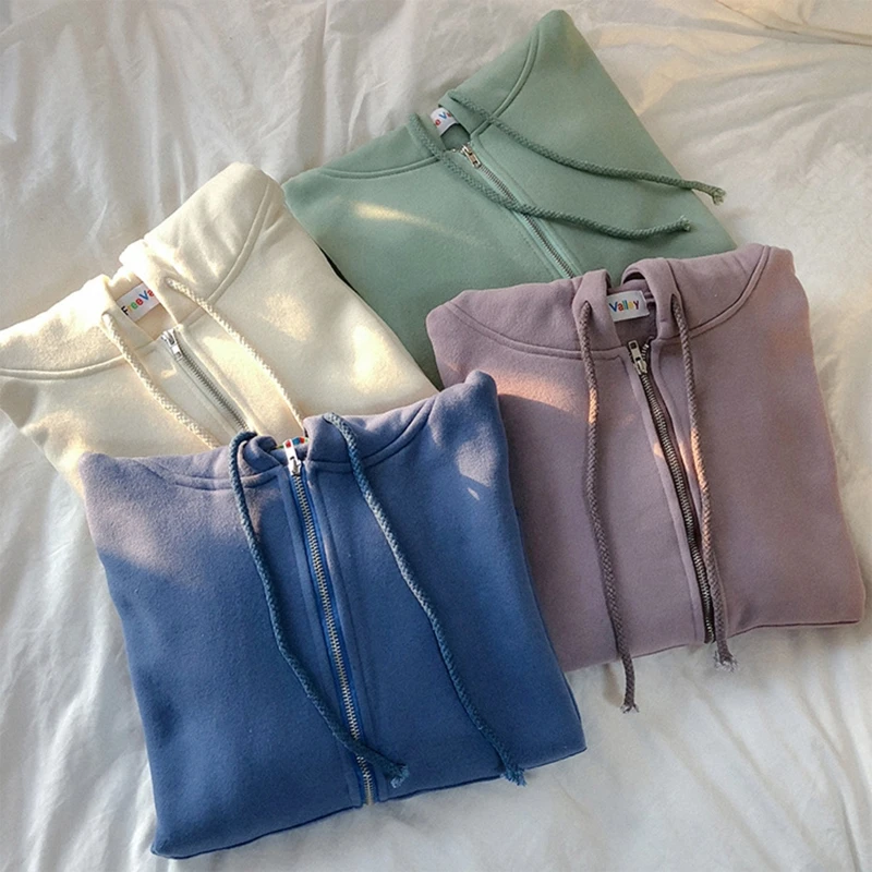 

Women Long Sleeve Hoodies Jacket Harajuku Solid Color Oversized Loose Zip Up Sweatshirt Thick Warm Coat with Big Pockets