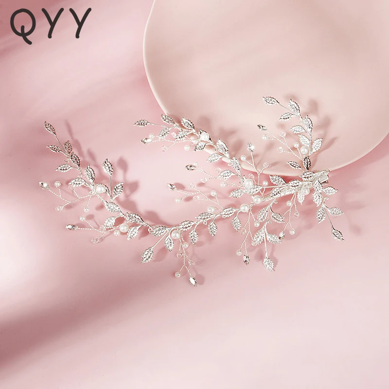 

Женские заколки для волос с листьями QYY, модные украшения для волос ручной работы, серебряного цвета с жемчугом 2020, украшения для волос на вы...