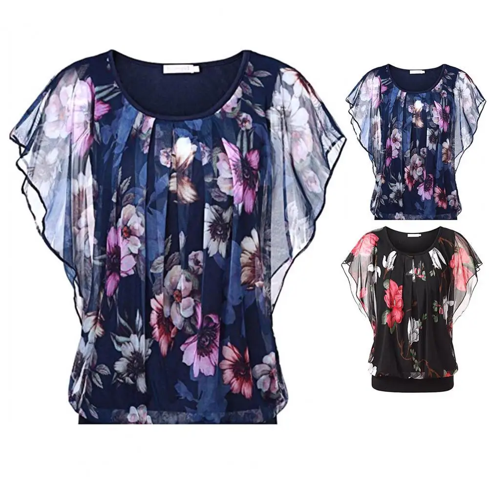 

Flower Print Women Shirt Short Flying Sleeve Simple Crew Neck Mesh Loose Top Streetwear