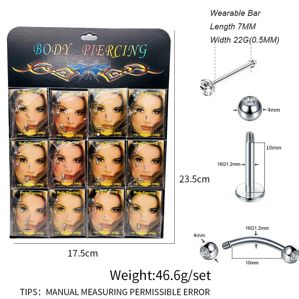 

12 комплектов ногтей из нержавеющей стали, ногти для губ с алмазной инкрустацией, ногти для бровей, ювелирные наборы для пирсинга в Европе и А...