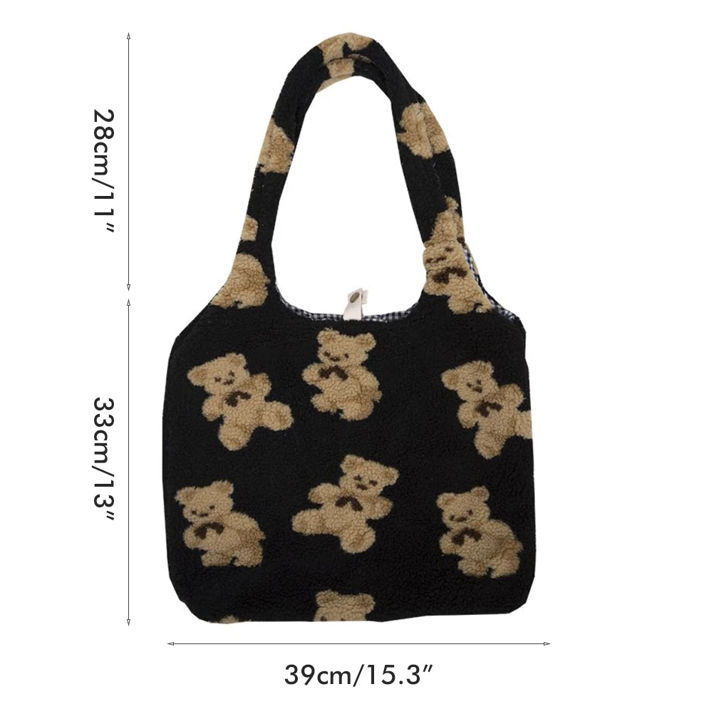 

Women Lamb Like Fabric Shoulder Tote Bag Bear Pattern Embroidery Handbags Large Capacity Soft Shopping Bags Girls School Bag