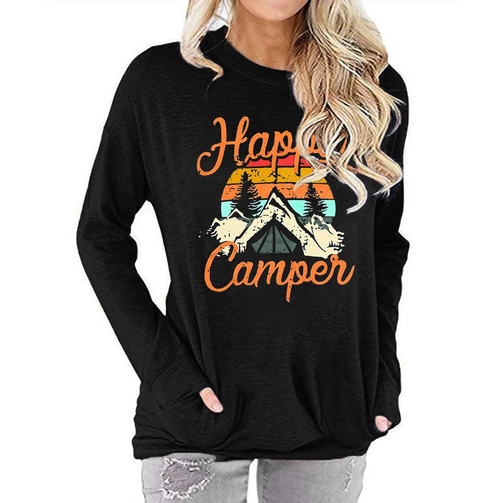 

Carney hot selling women's pocket sweater happy camper printed round neck long sleeve T-shirt