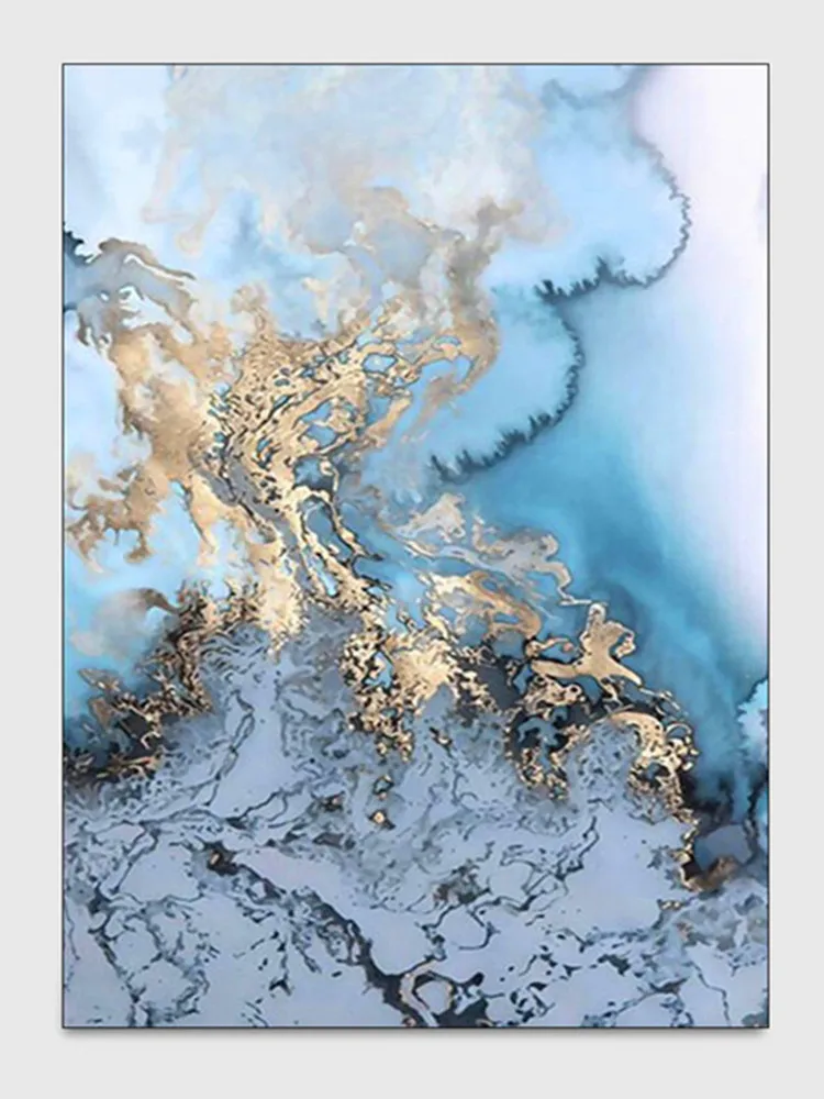 Синий ковер с абстрактным изображением дней синего океана золотистый для