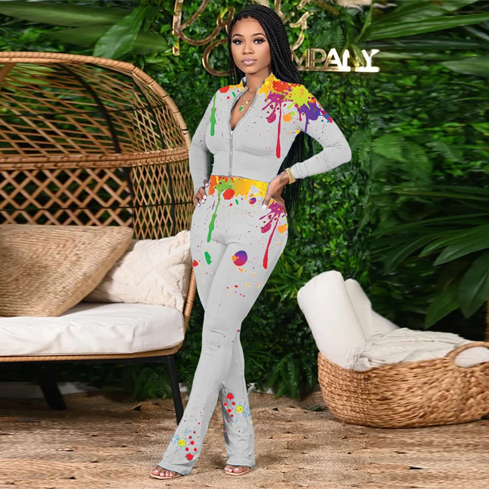 

Splash Ink Printing Casual Two Piece Pant Suits Women Zipper Up Long Sleeve Jackets and Bell Bottom Trouser Loungewear Tracksuit