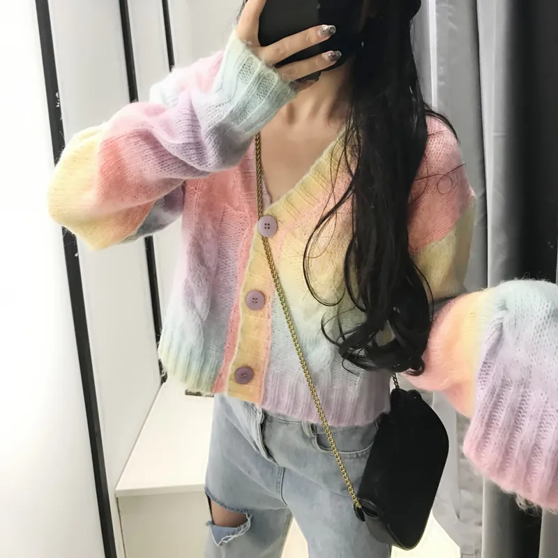 

Autumn Winter Womens Short Knitted Cardigan Rainbow Gradient Color V-Neck Single-Breasted New Long Sleeve Sweater Female Tops
