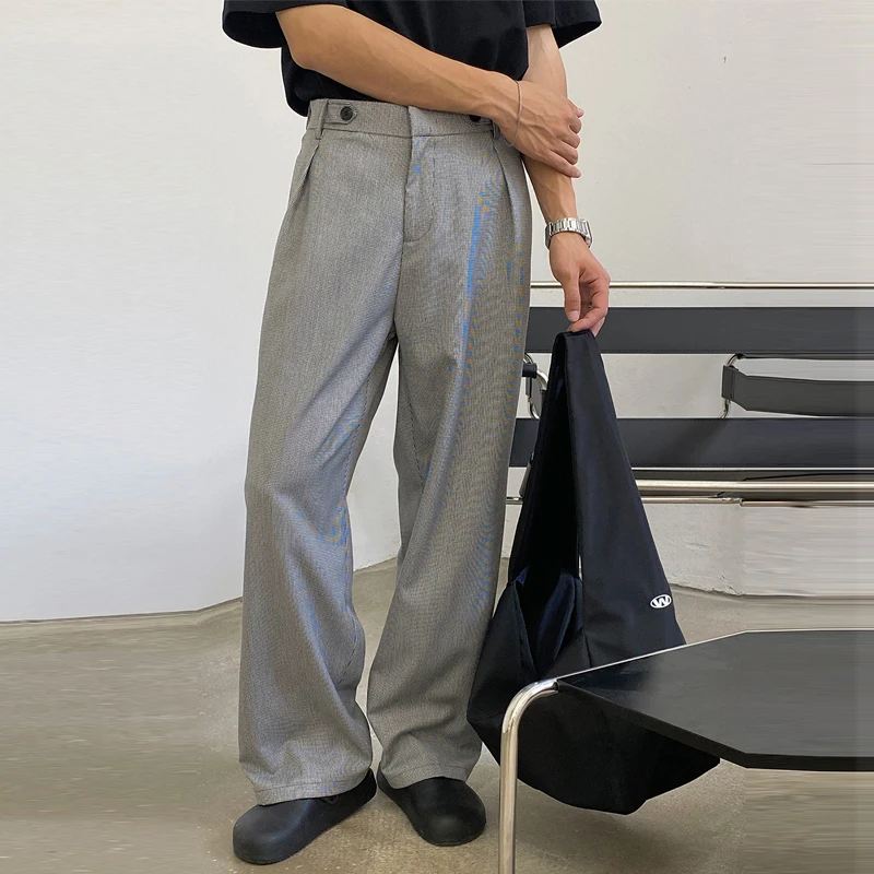 

2021 Autumn New Korean Casual Suit Pants Men's High Waist Slim Fit Fashion Plaid Grey Long Pants Wide Leg Strasting Trousers