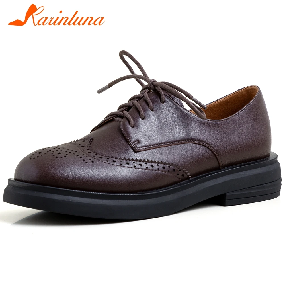 

KARINLUNA Ladies Casual Low Heels Shoes Comfort Office Platform Flats Women Genuine Leather Dress Brogue Shoes Woman