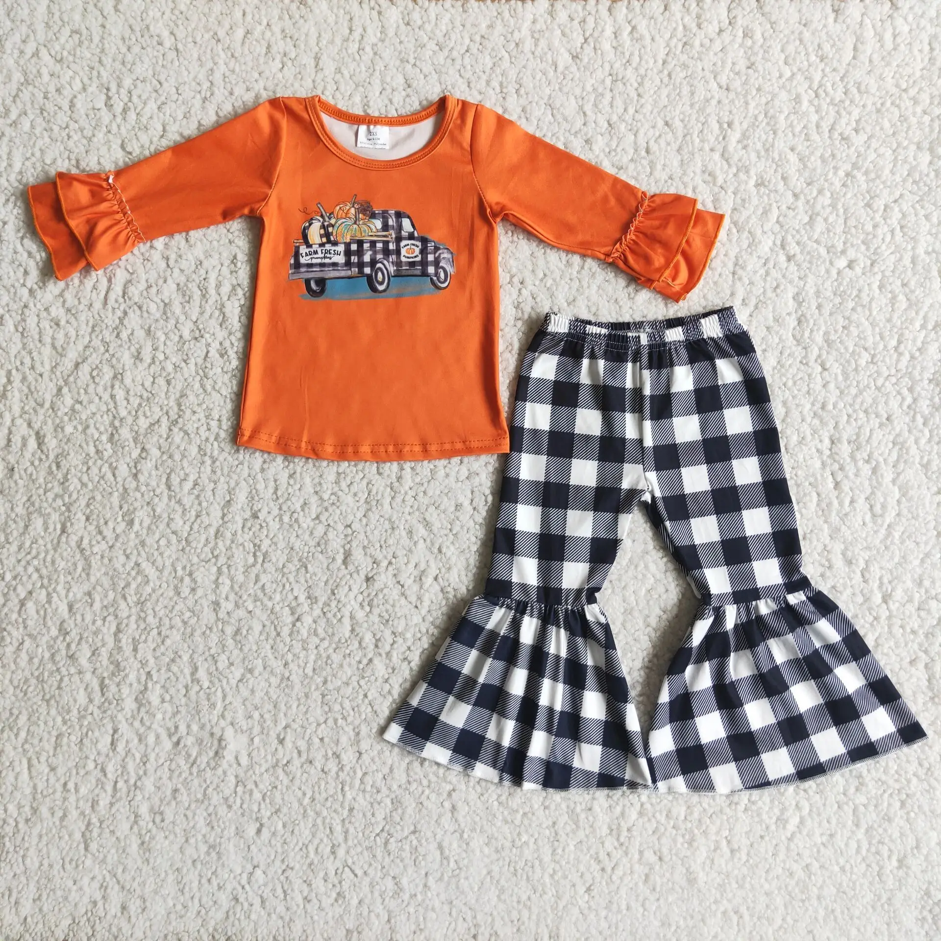 

In Stock Baby Girls Pumpkin Truck Outfits long Sleeves Top Bell Bottom Grid Pants Kids Children Clothing Wholesale Boutique Sets