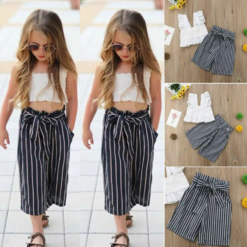 

Kids Baby Girls Lace Striped Crop Tops T-shirt Long Pants Outfits Clothes Summer Set