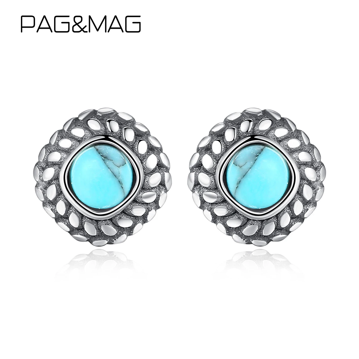 Серьги гвоздики PAG & MAG в богемном стиле с цветком бирюзы из стерлингового серебра