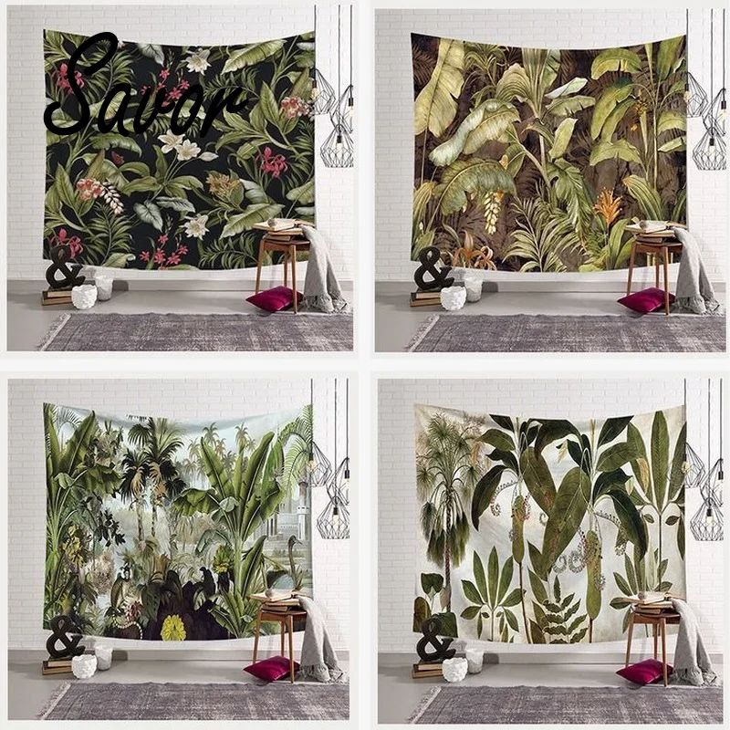 

Vintage Floral Tapestry Wall Hanging Room Decoration Green Leaf Pattern Bedroom Decoration Tablecloth Lace Trim