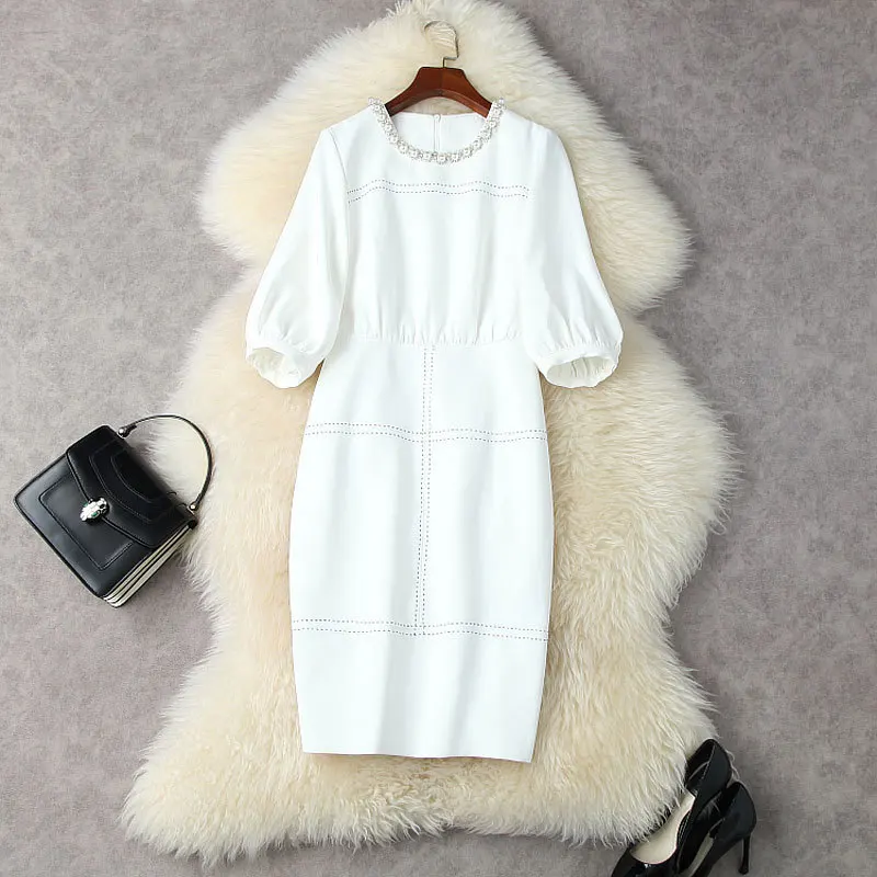 

Женское платье с круглым вырезом, Белое Облегающее платье с рукавами-фонариками и бусинами, весна 2022