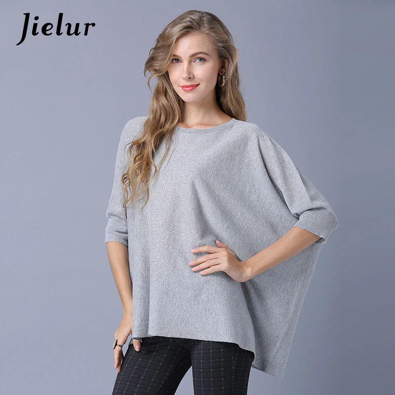 

Jielur 2020 Europe New Summer O-neck Women's T-shirts Batwing Sleeve Pure Color Knitted Female Tees Perspective Loose Sexy Tops