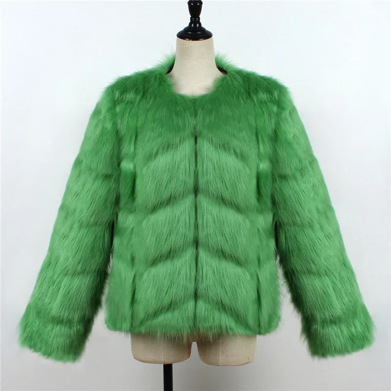 LANSHIFEI New Faux Fur Coat High Quality Fashion Slim Black Red Pink Faux Fur Jacket Fake Rabbit Fur Coat - Цвет: Зеленый