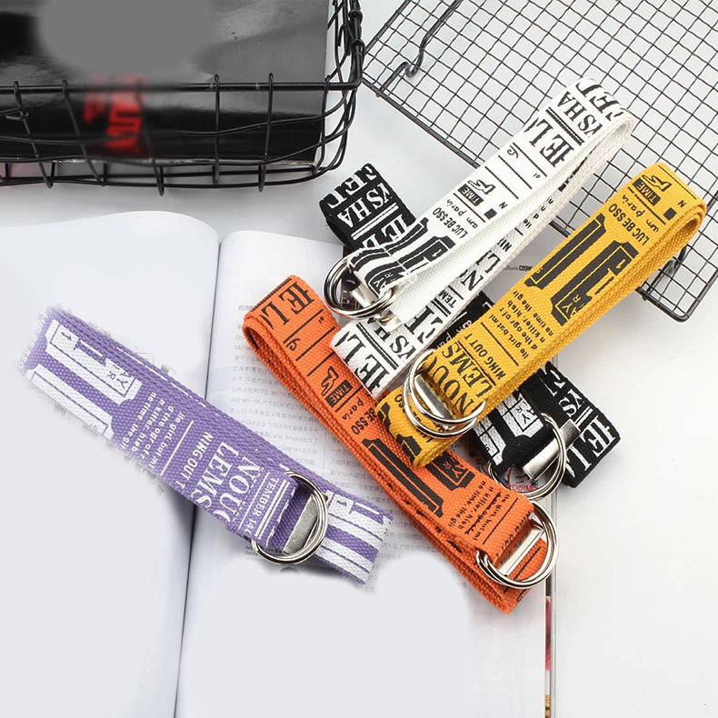 

Canvas Belt D Ring Lengthen Double Buckle Letters Printed Fashion Casual Long Wide Belt Unisex Belt Jeans Waist Belt