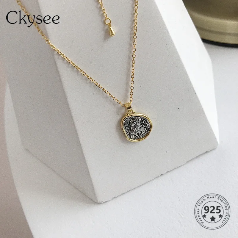 

Ckysee 925 Sterling Silver Owl Vintage Auspicious Irregular Necklace For Fashion Women Coin Design Friendship Charm Jewelry