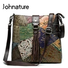 Женская винтажная сумка-мессенджер из натуральной кожи Johnature, сумка на плечо с геометрическим узором и рельефной кисточкой в стиле ретро, 2022