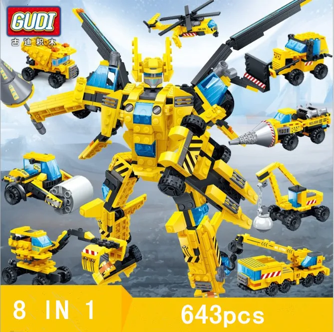 

GUDI Building Block 8 In 1 Vehicle Transformation Deformed Car Trailer Tank Robot Movie Bricks Mini Set Toys Gift For Children
