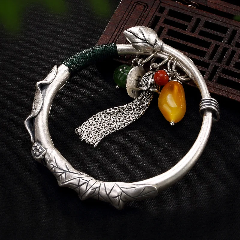 

S999 Fine Silver colour Ethnic Lotus Tassel Bangle For Women Gemstone Natural Sterling Silver colour Cuff Bracelet Bijoux Bangle