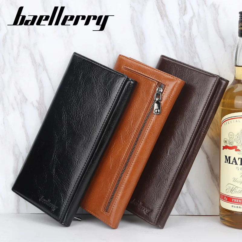 

Baellerry Men's Leather Long European And American Three Fold Multi Card Men's Card Bag Snap Zipper Handbag