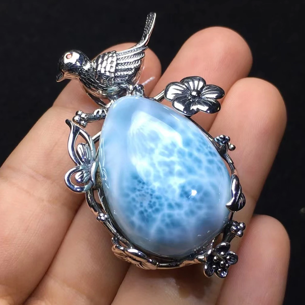 

Top Quality 925 Sterling Silver Pear Cut Natural Dominica Larimar Bird Pendant Necklace For Women Party Gift