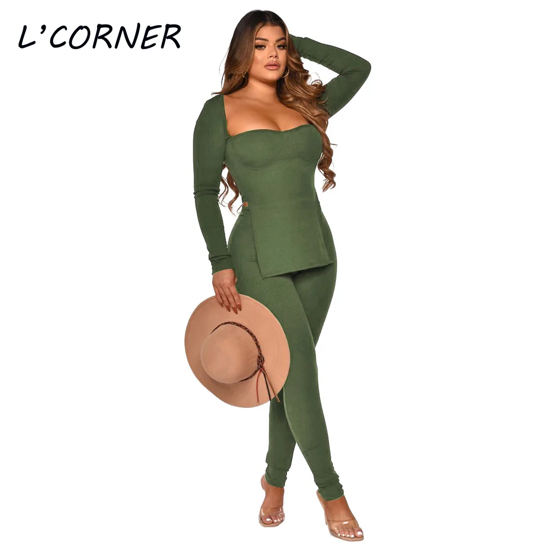 Women OutfitsTwo Piece Sets Sexy Square Neck Knitted Split Hem Sweater +pencil Pants 2pcs Office Lady Suits |