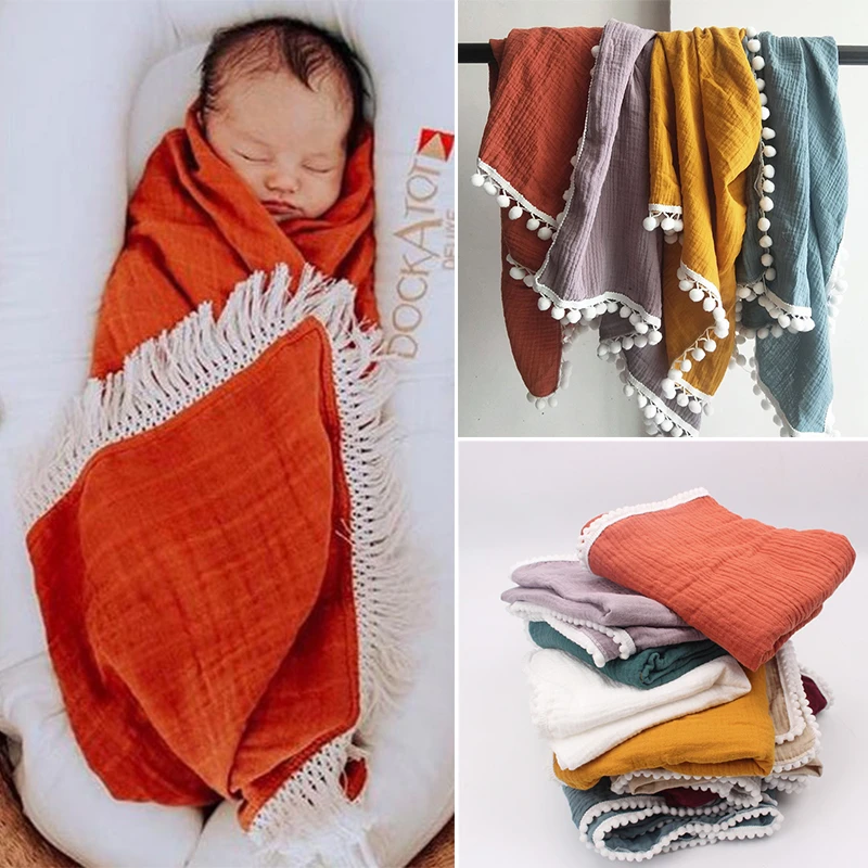 

Organic Cotton Muslin Blanket Double Gauze Bath Towel Baby Tassel Blankets Newborn Big Diaper Swaddle Wrap Feeding Photo Props